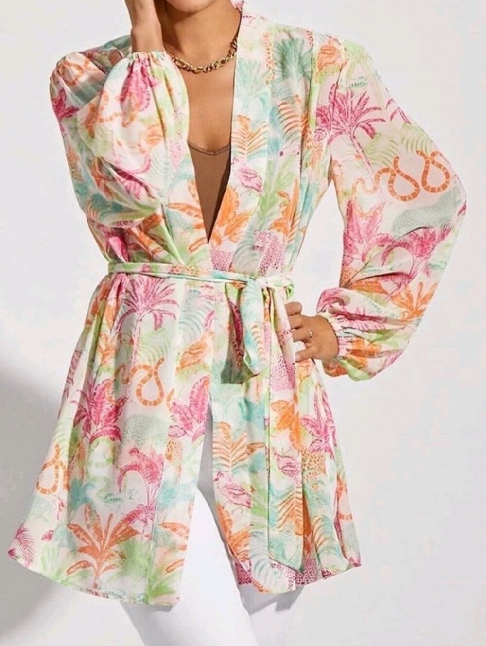 Cabi Sunset Kimono Wrap Womens Size XSTropical Jungle Print Belted Sheer Beach
